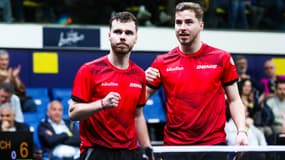 Florian Bourrassaud et Esteban Dorr lors des championnats de France de tennis de table, le 22 mars 2025.