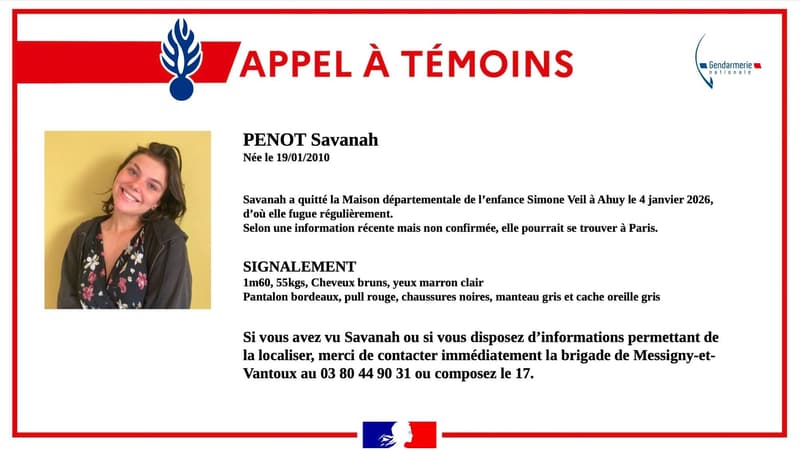 "Elle pourrait se trouver à Paris": un appel à témoins lancé après la disparition inquiétante d'une adolescente de 16 ans près de Dijon