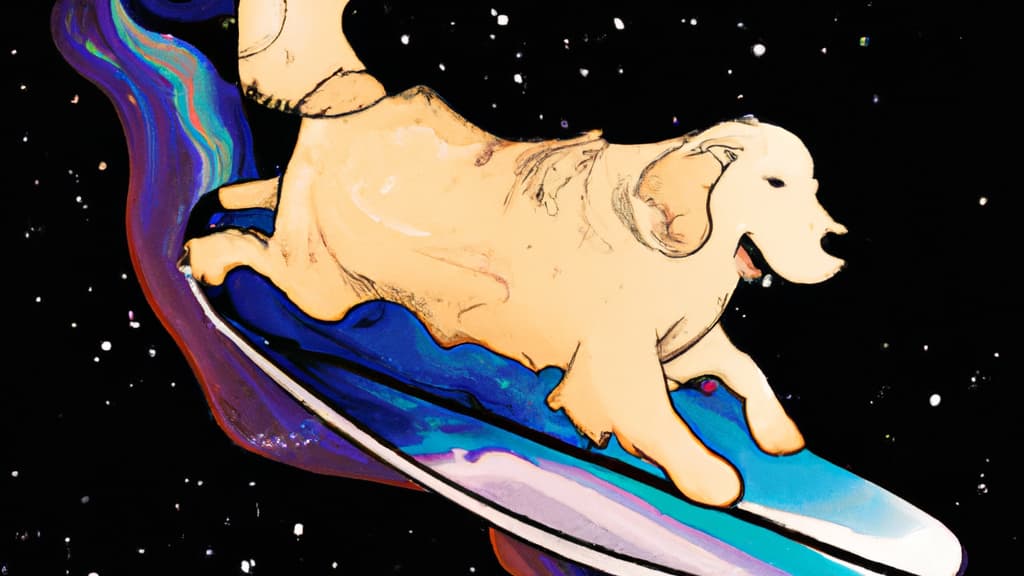 “A golden retriever on a surfboard in space, riding a nebulae”, via Dall-E “A golden retriever on a surfboard in space, riding a nebulae”, via Dall-E