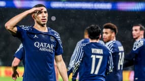 Le Marocain Achraf Hakimi célèbre son but avec lors de PSG-Manchester City en Ligue des champions, le 22 janvier 2025