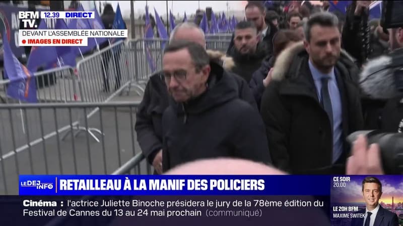 Bruno Retailleau à la rencontre des policiers qui manifestent devant l'Assemblée nationale pour réclamer une hausse de leur budget