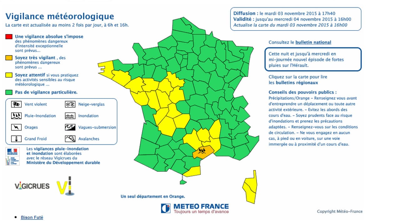 Météo France a placé mardi le département de l'Hérault en vigilance orange pluie-inondation.