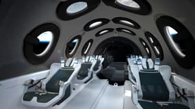 L'intérieur du vaisseau de Virgin Galactic, qui peut accueillir jusqu'à six passagers pour aller flotter quelques minutes en apesanteur dans l'espace
