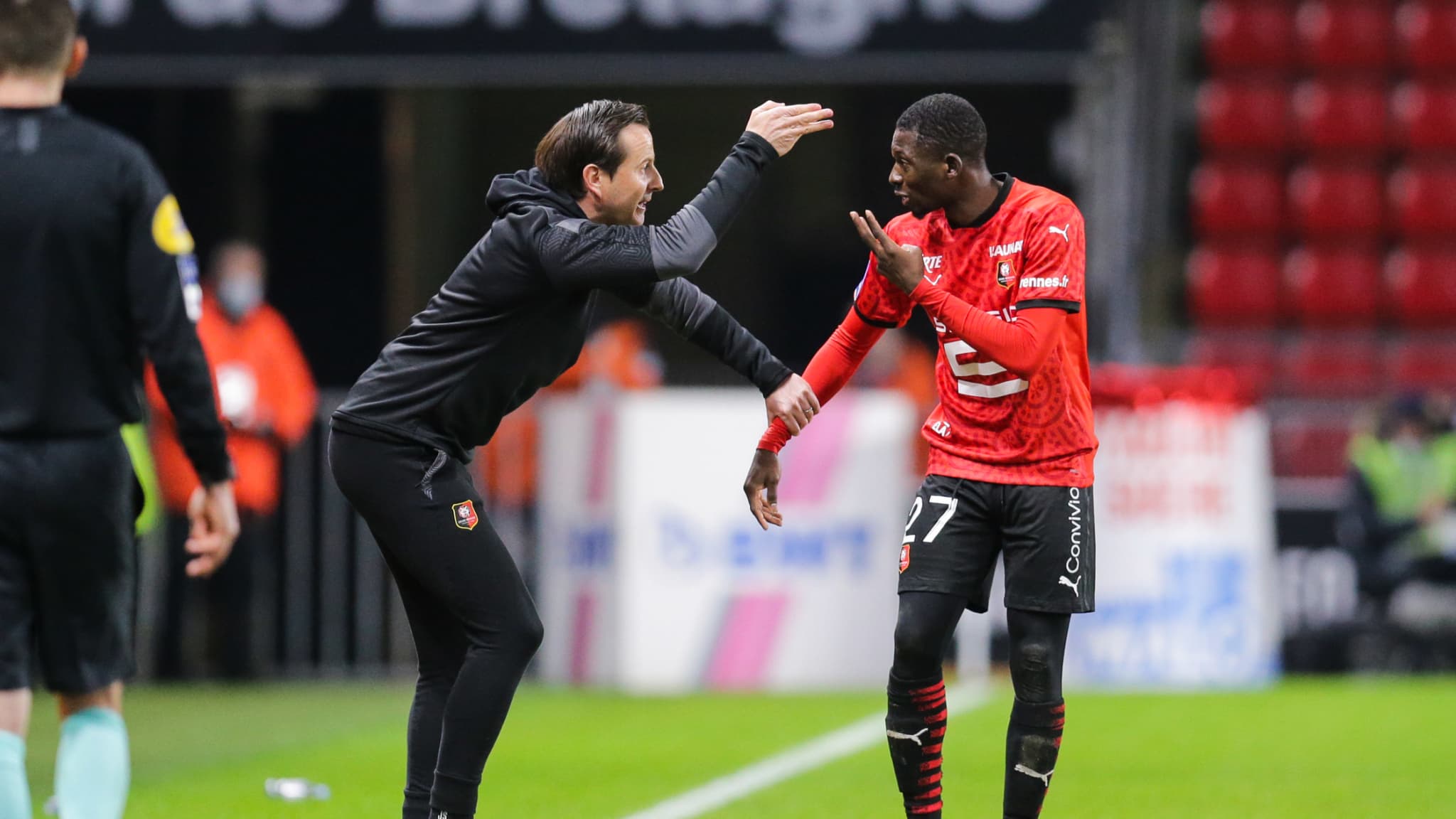 Julien Stéphan avec Hamari Traoré à Rennes en décembre 2020