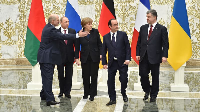Vladimir Poutine, Angela Merkel, François Hollande et Petro Porochenko, mercredi 11 février, à Minsk.
