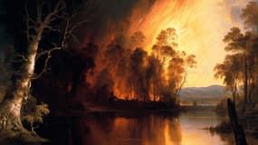 "Highlands Wildfires, 2034" est un tableau généré par IA issu de l'exposition "Future of Nature" de la WWF. 