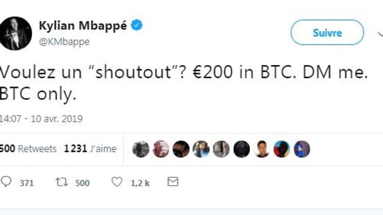 Un tweet du compte du footballeur invitait à verser 200 euros en bitcoins.