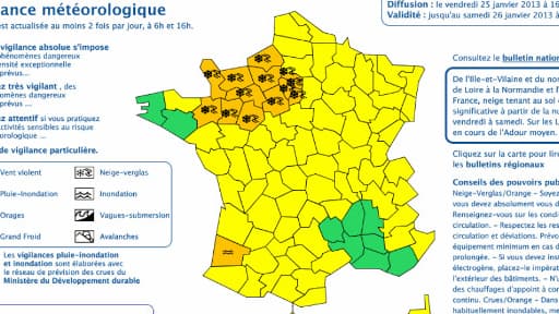 Carte de vigilance orange, neige et verglas du 25 janvier 2013 après-midi.