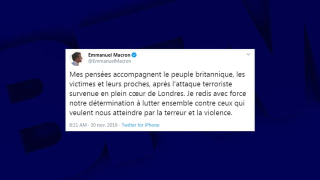 Le tweet d'Emmanuel Macron, au lendemain de l'attaque terroriste qui a endeuillé Londres, le 29 novembre 2019.