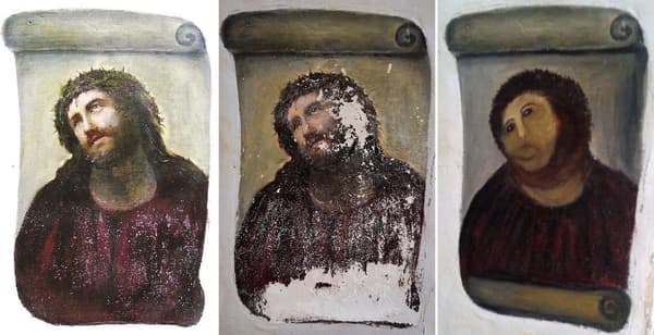 De gauche à droite: l'Ecce Homo tel qu'il avait été peint, la peinture dégradée, la "restauration" opérée par Cecilia Gimenez. De gauche à droite: l'Ecce Homo tel qu'il avait été peint, la peinture dégradée, la "restauration" opérée par Cecilia Gimenez.