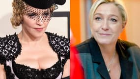 La pop-star américaine Madonna lors des Grammy Awards 2015 et la présidente du FN  Marine Le Pen 