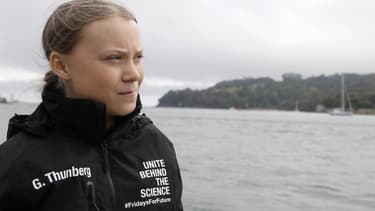 Greta Thunberg le 14 août 2019 à Plymouth (Royaume-Uni) avant de partir à bord du Malizia II pour traverser l'Atlantique.