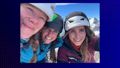 Photo de Maud Vanpoulle, Fanny Schmutz et Lise Billon, lors de l'ascension du Cerro Torre en Patagonie en février 2024. 