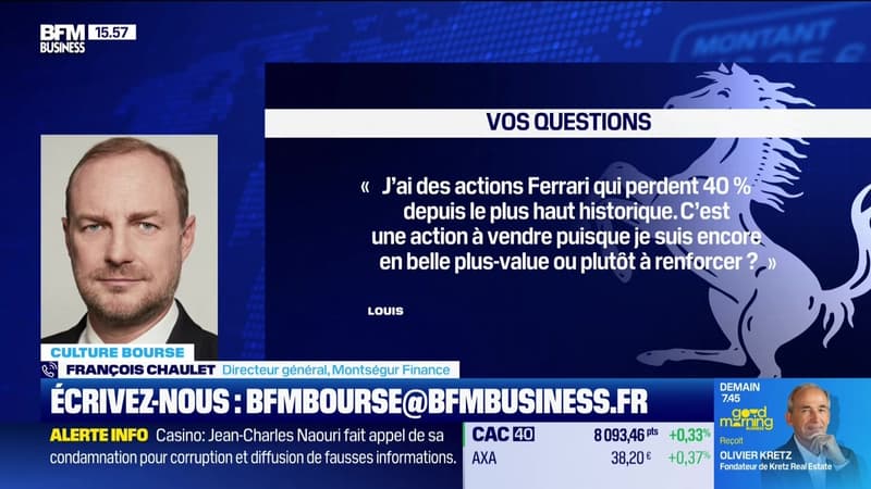 Culture Bourse : « J'ai des actions Ferrari qui perdent 40% depuis le plus haut historique. C'est plutôt une action à vendre puisque je suis encore en belle plus-value ? Ou plutôt à renforcer ? », par Julie Cohen-Heurton - 29/01