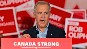 Le Premier ministre du Canada, Mark Carney, prend la parole lors d'un rassemblement de campagne au Metropolitan Centre à Toronto, en Ontario, le 4 avril 2025.