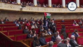 Un député LFI brandit un drapeau palestinien à l'Assemblée nationale mardi 28 mai 2024, la séance suspendue.