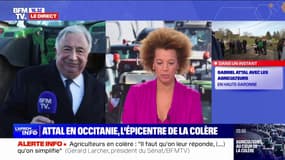 Dégradations en marge de la mobilisation des agriculteurs: "Il y a un État de droit, c'est le rôle de l'État de le faire respecter", réagit le président du Sénat, Gérard Larcher 