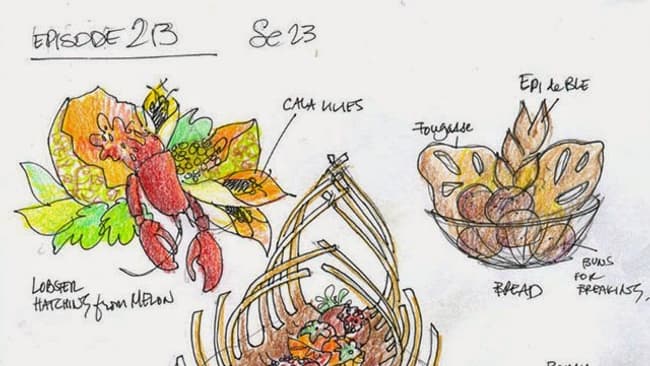 Un sketch de la styliste culinaire Janice Poon, pour une scène de l'épisode 13 de la saison 2 d'Hannibal. Un sketch de la styliste culinaire Janice Poon, pour une scène de l'épisode 13 de la saison 2 d'Hannibal.