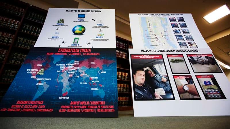 Conférence de presse à New York présentant des détails d'une gigantesque fraude à la carte bancaire. Sept personnes ont été arrêtées aux Etats-Unis dans le cadre d'une enquête portant sur huit individus accusés d'avoir dérobé 45 millions de dollars (34,50