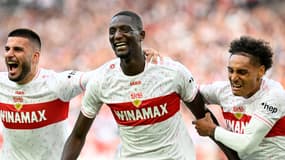La joie du buteur de Stuttgart Serhou Guirassy face à Wolfsburg