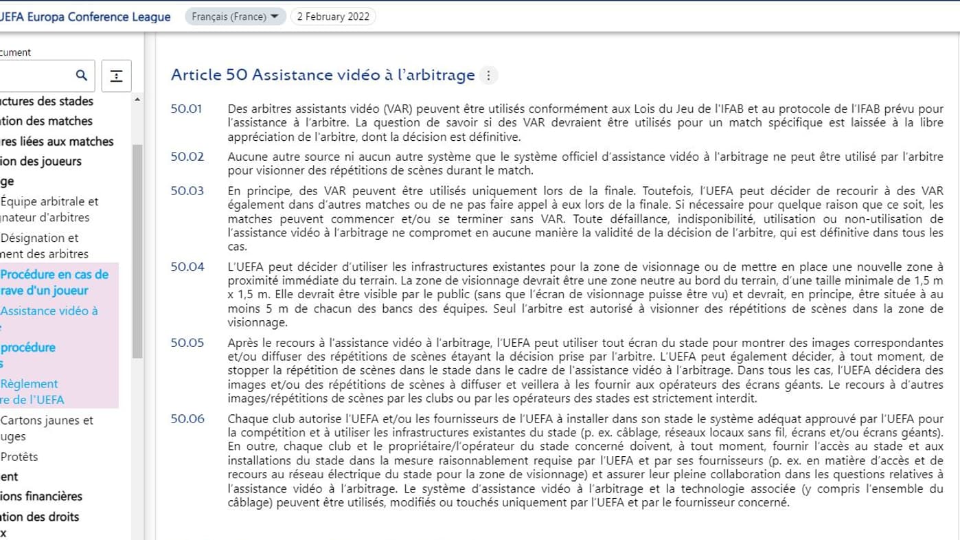 Le règlement de la Conference League sur le VAR Le règlement de la Conference League sur le VAR