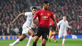 Marcus Rashford devant Presnel Kimpembe lors de PSG - Manchester United le 12 février 2019