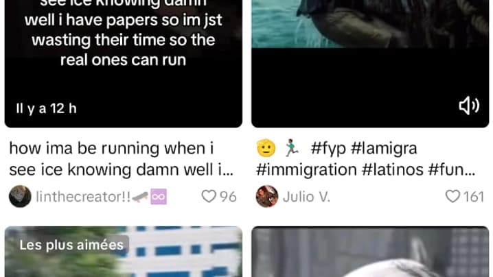Capture d'écran Tiktok  du 24 janvier 2025 montrant des vidéos d'appels à fuir les services de l'immigration aux États-Unis après l'investiture de Donald Trump. 
