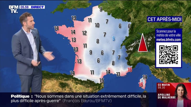 Regarder la vidéo Une France partagée avec de la grisaille et un peu de pluie à l'Ouest et du soleil dans l'Est, avec des températures comprises entre 5°C et 16°C... La météo de ce mardi 24 décembre