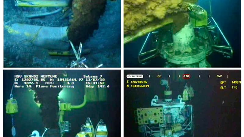 4 images extraites de la vidéo live diffusée par BP : le 26 mai (en haut à gauche), le 1er juin (en haut à droite), le 13 juillet (en bas à gauche) et le 15 juillet (en bas à droite), après que la fuite a été colmatée avec un nouvel entonnoir.