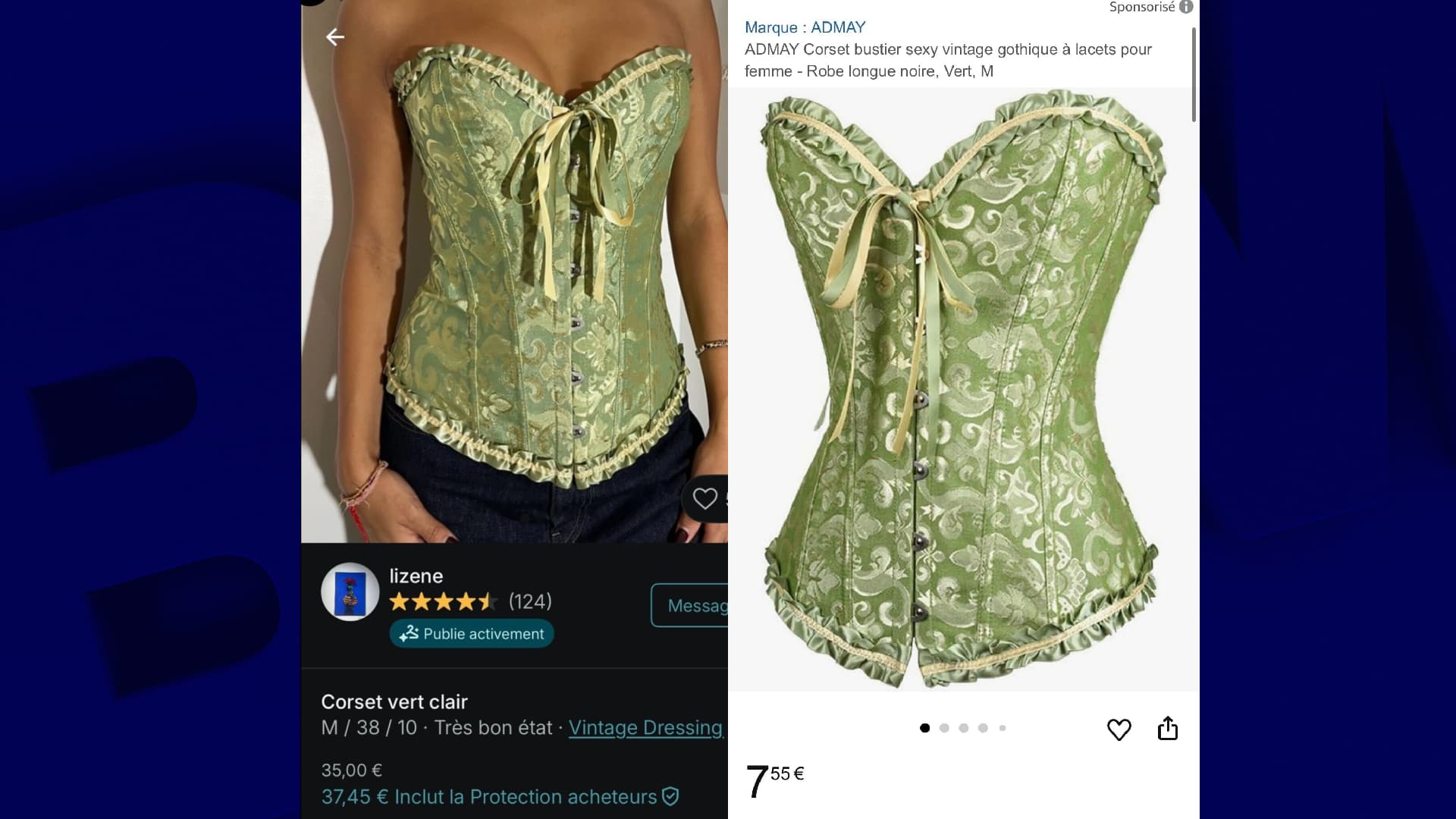 Le même corset vendu sur Vinted (35 euros) et sur Amazon (7,55 euros).