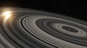 Vue d'artiste de la super-Saturne, aussi appelée J1407b.