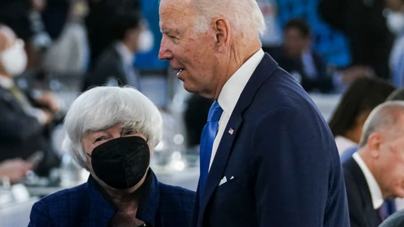 Janet Yellen, à la gauche de Joe Biden, samedi 30 octobre 2021 lors du G20 à Rome