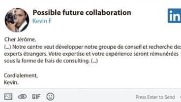 Un exemple de prise de contact, traduite, sur LinkedIn. Un exemple de prise de contact, traduite, sur LinkedIn.
