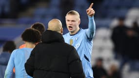 Erling Haaland pousse Pep Guardiola à fêter la victoire de Manchester City à Leicester (0-2) avec les fans, le 29 décembre 2024