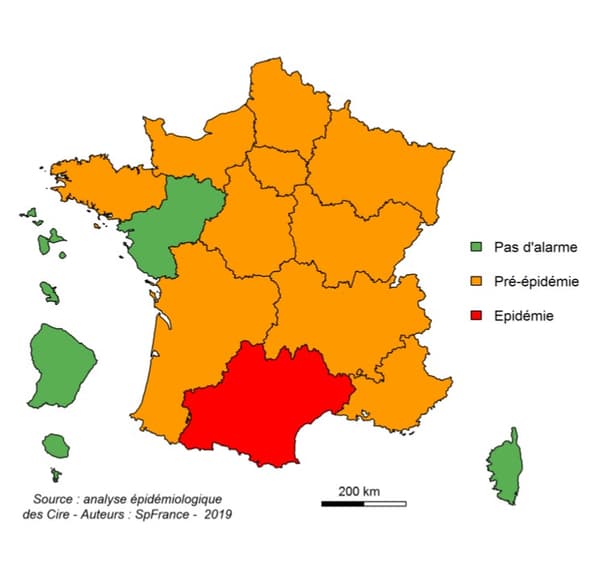 Carte épidémiologique du virus de la grippe en France sur la première semaine de l'année 2019