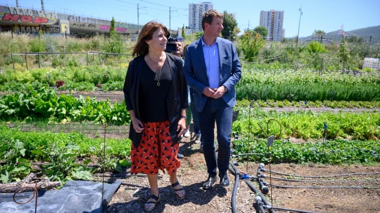 Michèle Rubirola (à gauche), candidate aux municipales du "Printemps Marseillais", une coalition de gauche pour Marseille aux cotés de  Yannick Jadot, député européen écologique EELV, lors d'une visite d'une ferme urbaine, le 15 juin 2020