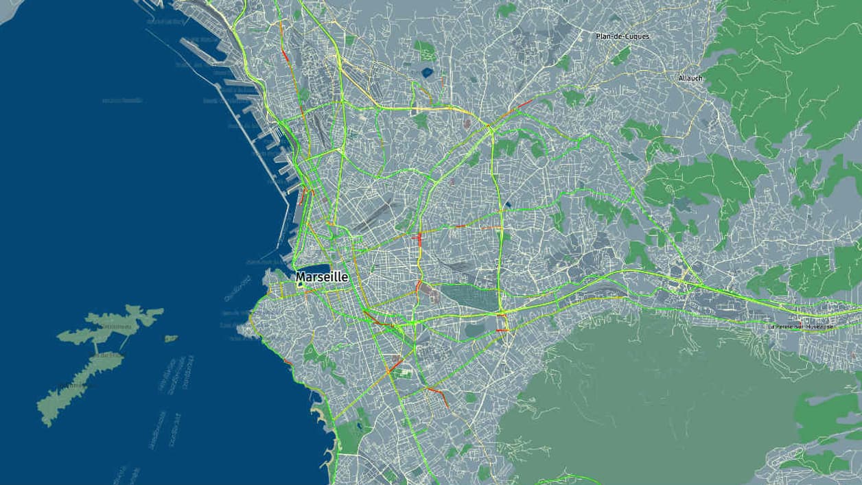La ville de Marseille le 11 mai à 18 heures, avec très peu de ralentissements enregistrés. 