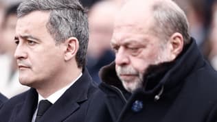 Le ministre de l'Intérieur, Gérald Darmanin, et le ministre de la Justice, Éric Dupond-Moretti, le 11 mars 2024 à Arras