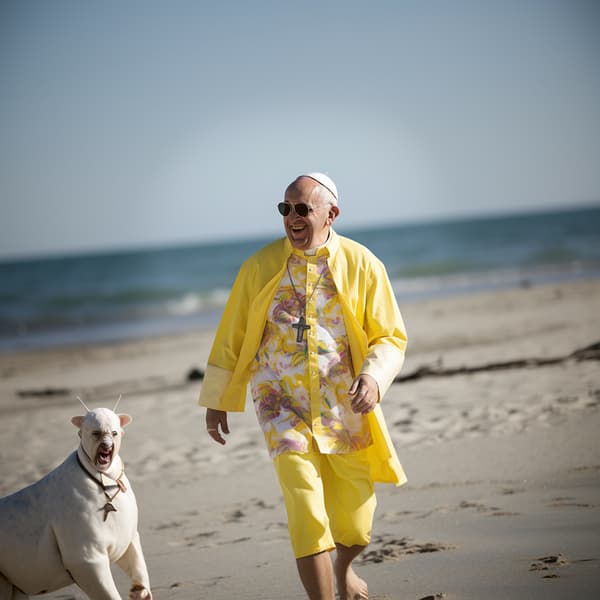 Une image générée par Midjourney à partir du prompt "Le pape François à la plage en chemise hawaïenne jaune avec son chien et une giraffe"
