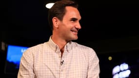 Le Suisse Roger Federer durant une interview avec l'Américain Andy Roddick lors de la 2e journée de la Laver Cup 2021 au TD Garden de Boston (Massachussets), le 25 septembre 2021. 