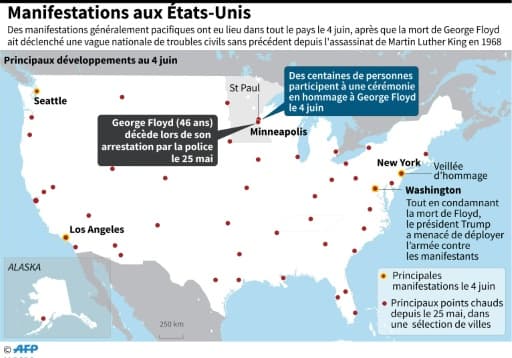 Carte des Etats-Unis localisant les manifestions contre le racisme le 4 juin, et les principaux points chauds depuis le 25 mai et la mort de George Floyd Carte des Etats-Unis localisant les manifestions contre le racisme le 4 juin, et les principaux points chauds depuis le 25 mai et la mort de George Floyd
