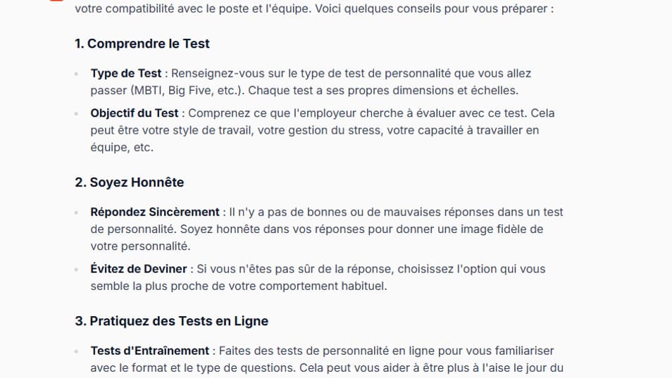 Le Chat, comme les autres chatbots, donnent des conseils plutôt utiles pour se préparer aux tests de personnalité. 
