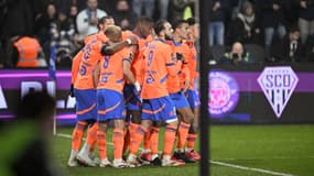 La joie des Marseillais après leur victoire à Angers (0-2, L1), le 9 février 2025