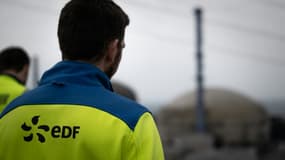 Un salarié d'EDF en face d'une coupole de la centrale nucléaire de Flamanville dans la Manche, le 25 avril 2024 (ARCHIVE)
