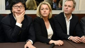 Le chef de file des sénateurs d'EELV, Jean-Vincent Placé, et les députés EELV Barbara Pompili et François de Rugy, donnent une conférence de presse à l'Assemblée nationale le 4 avril 2015