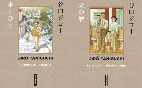 Les couvertures des éditions en sens de lecture japonais de "L'Homme qui marche" et "Le Journal de mon père"