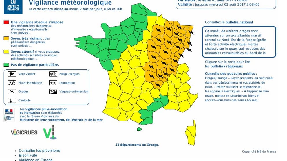 Capture écran carte vigilance Météo France 01/08/17 Capture écran carte vigilance Météo France 01/08/17
