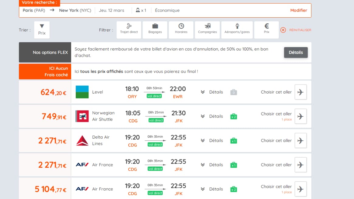 Vols directs Paris-New York jeudi 12 mars