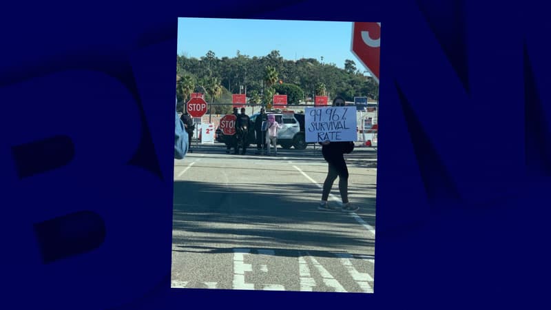 Quelques dizaines de personnes ont brièvement perturbé le centre de vaccination installé au Dodger Stadium de Los Angeles le samedi 30 janvier 2021.