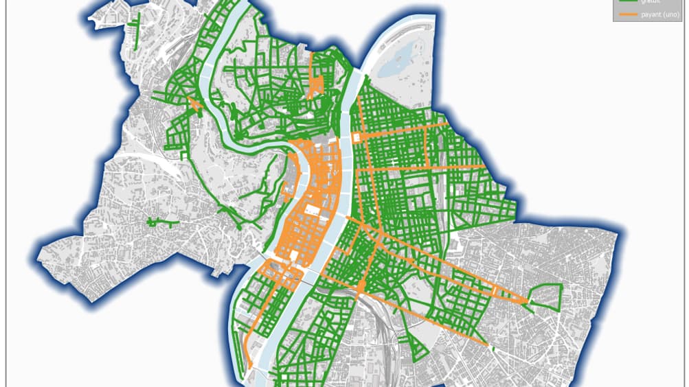 La carte des rues gratuites et payantes pour stationner à Lyon du 1er au 31 août 2024. 